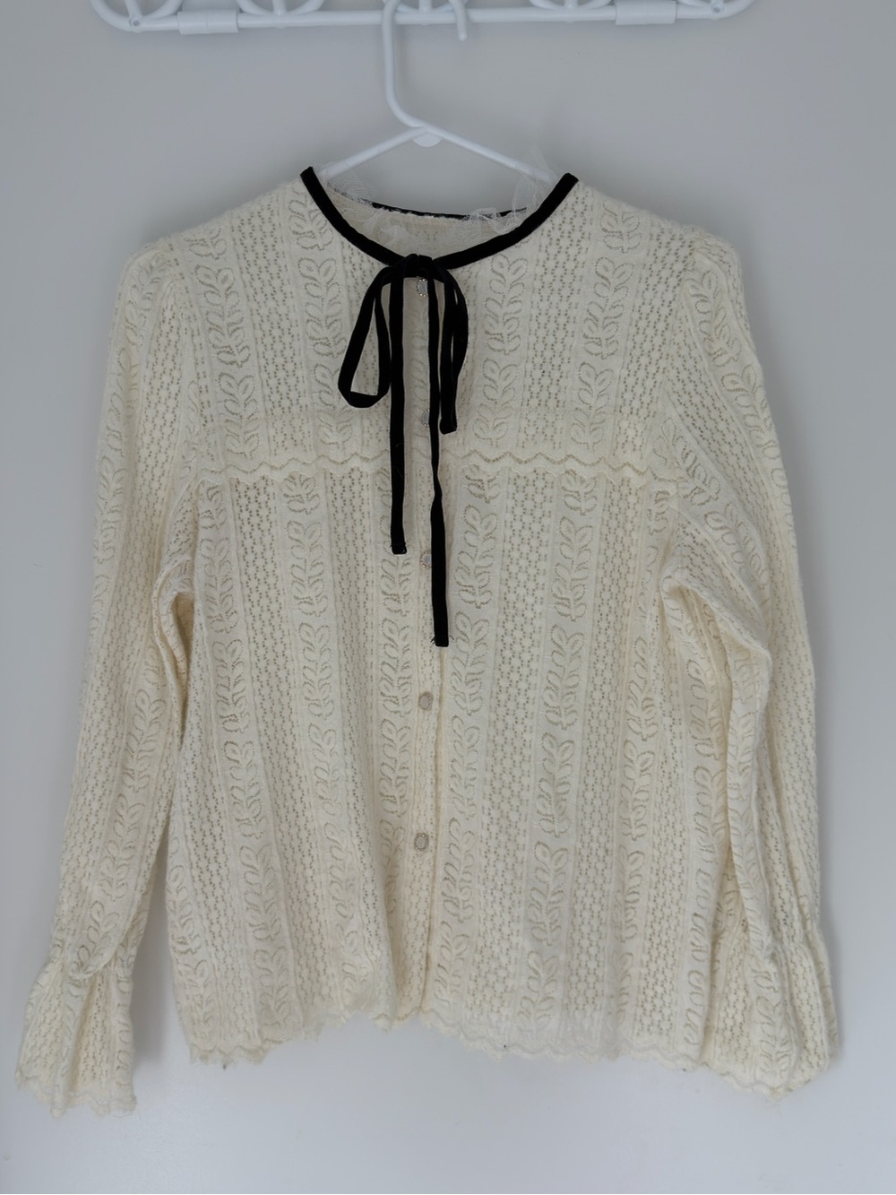 Ivory Lace Knit Tie-Neck Women's Top
